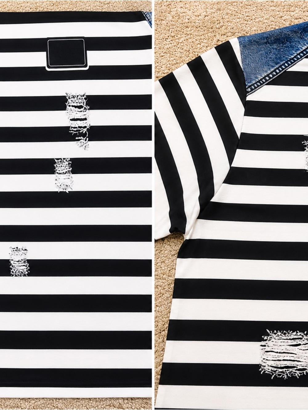 Striped Black & White Tee with faux Denim Trim and faux distress 2x - Picture 4 of 5
